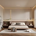 Modern Bedroom Interior Design With Wooden Headboard Neutral Beige Walls And Abstract Painting