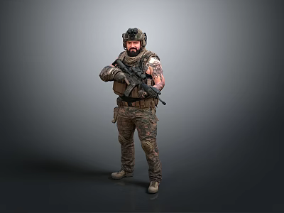 Military Soldier in Camouflage Uniform with Tactical Helmet and Rifle Standing Against Gray Background 3d model