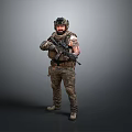 Military Soldier in Camouflage Uniform with Tactical Helmet and Rifle Standing Against Gray Background