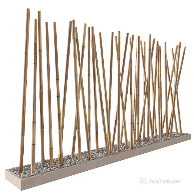 Golden Bamboo Stick Room Divider With Crossed Design And Pebble Base Decorative Partition 3d model 