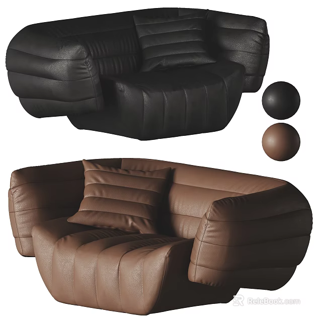 Modern Single Sofa In Black And Brown Leather With Stylish Pleated Design 3d model 