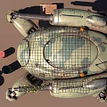 Camouflage Painted Mechanical Crab Sculpture With Cannons Barbed Wire Wooden Crates Oil Drums Blue Sky