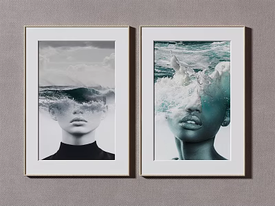 Abstract Portrait Paintings With Ocean Waves Merging Human Faces And Framed Design 3d model
