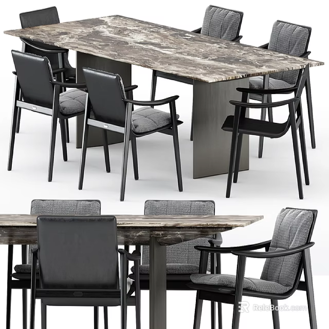 Modern Dining Table And Chair Set With Marble Top Black Frame Gray Upholstery 3d model 