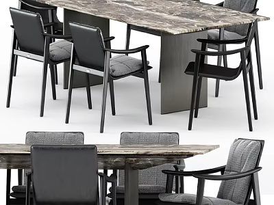 Modern Dining Table And Chair Set With Marble Top Black Frame Gray Upholstery 3d model