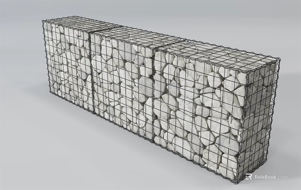 Building Exterior Wall With Gabion Structure Stone Filled Wire Mesh Three Sectional Design 3d model