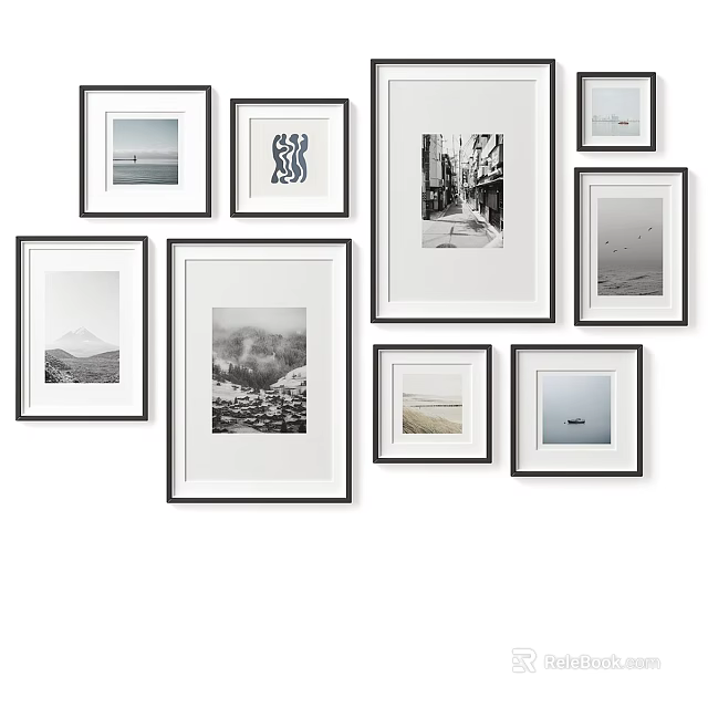 Black And White Photo Wall Decor With Framed Art Prints Arrangement 3d model 
