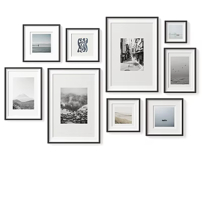 Black And White Photo Wall Decor With Framed Art Prints Arrangement 3d model