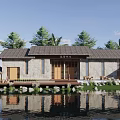 Tranquil Detached Villa Exterior With Gray Walls Tile Roof Wooden Deck And Waterfront Palm Trees