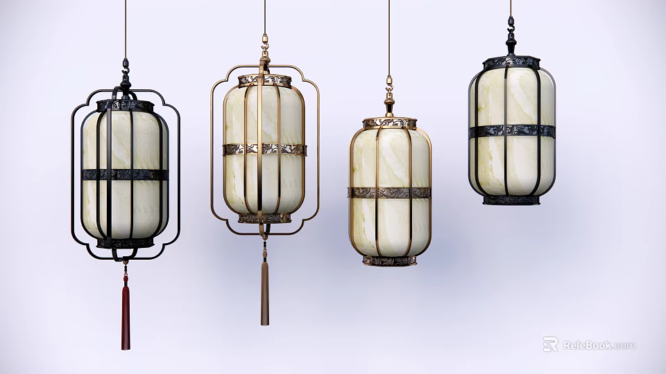 Various Lantern Style Chandeliers With White Glass Shades Black Gold Metal Frames And Tassels 3d model 