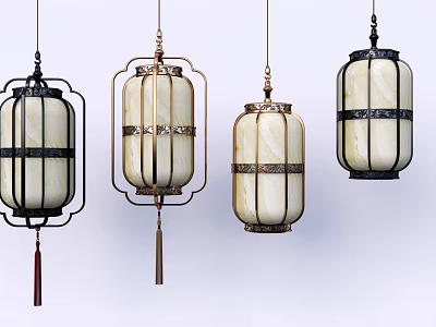 Various Lantern Style Chandeliers With White Glass Shades Black Gold Metal Frames And Tassels 3d model