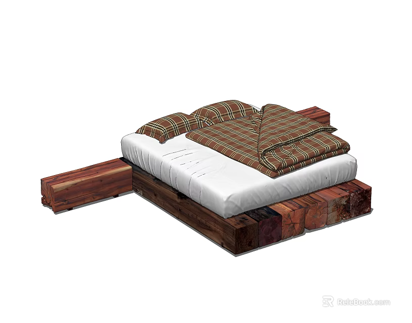 Wooden Platform Double Bed With Plaid Blanket And Side Table 3d model