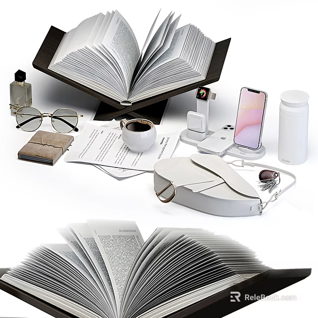 Modern Desktop Decorative Ornament Set With Open Book Glasses Coffee Cup And Phone Stand 3d model 