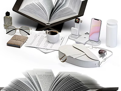 Modern Desktop Decorative Ornament Set With Open Book Glasses Coffee Cup And Phone Stand 3d model