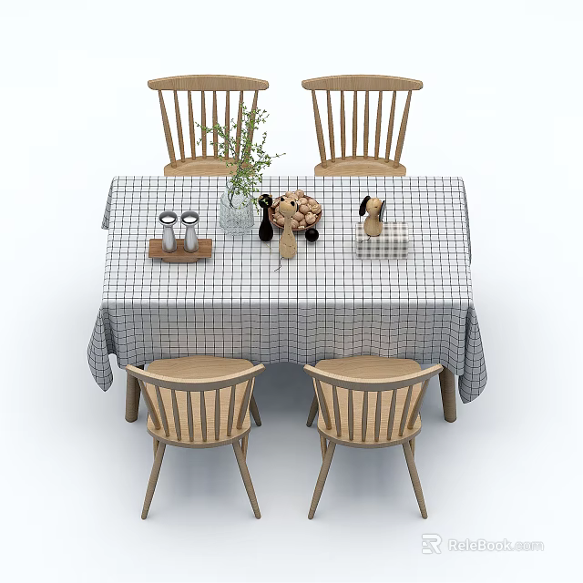 Dining Table Set with Four Wooden Chairs Checkered Tablecloth and Decorative Items Vase Plant Cups 3d model 