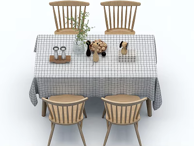 Dining Table Set with Four Wooden Chairs Checkered Tablecloth and Decorative Items Vase Plant Cups 3d model