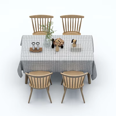 Dining Table Set with Four Wooden Chairs Checkered Tablecloth and Decorative Items Vase Plant Cups 3d model