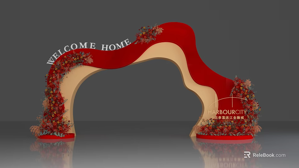 Red Decorative Archway With Welcome Home Banner And Floral Arrangements 3d model 