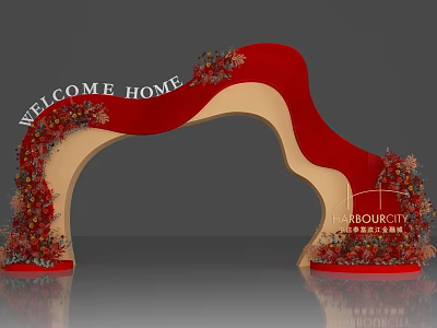 Red Decorative Archway With Welcome Home Banner And Floral Arrangements 3d model