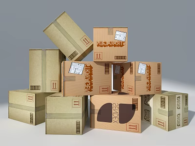 Stacked Cardboard Shipping Boxes Of Various Sizes With Logistics Labels And Packaging 3d model