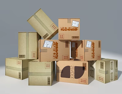 Stacked Cardboard Shipping Boxes Of Various Sizes With Logistics Labels And Packaging 3d model