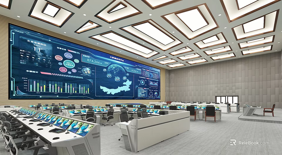 Modern Control Room Interior With Large Digital Display Screen Data Charts And Control Consoles 3d model 