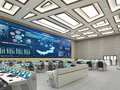 Modern Control Room Interior With Large Digital Display Screen Data Charts And Control Consoles 3d model