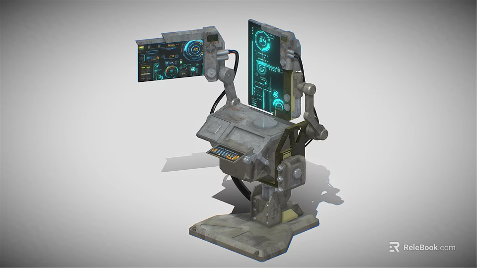 Futuristic Computer Console Featuring Multiple Tech Screens On Mechanical Stand With Blue Interface 3d model 