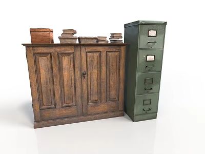 Vintage Wooden Cabinet With Green Filing Cabinet And Stacked Boxes And Books 3d model