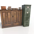 Vintage Wooden Cabinet With Green Filing Cabinet And Stacked Boxes And Books