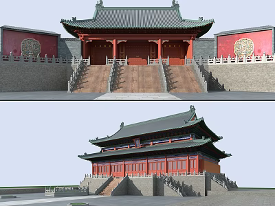 Classic Ancient Chinese Architecture With Traditional Roof Red Walls And Stone Steps 3d model