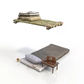 Foldable Bed Frame With Folded Blankets Mattress Pillow Small Table Radio And Cup 3d model