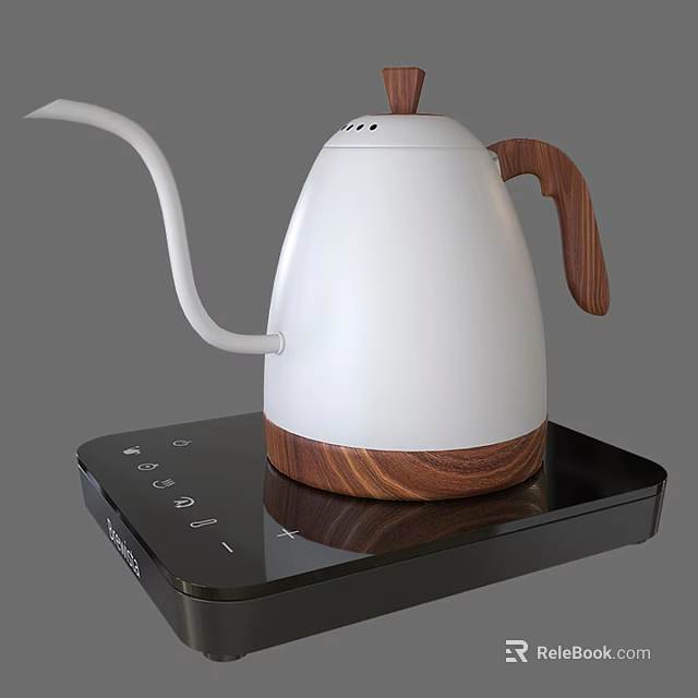 Sleek White Electric Kettle With Wooden Handle And Base On Black Heating Plate With Buttons 3d model 
