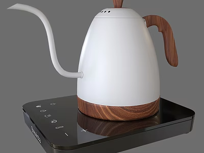 Sleek White Electric Kettle With Wooden Handle And Base On Black Heating Plate With Buttons 3d model