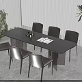 Modern Rectangular Dining Table Set With Six Chairs Surrounded By Green Plants And Window Blinds 3d model