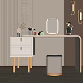 White Modern Dressing Table with Two Drawers Gold Handles Round Stool Mirror and Decorative Items
