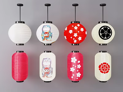 Various Red And White Lanterns With Cherry Blossom And Cartoon Character Designs 3d model