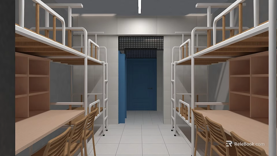 Spacious Dormitory Room With Bunk Beds Study Tables Chairs And Blue Door 3d model 