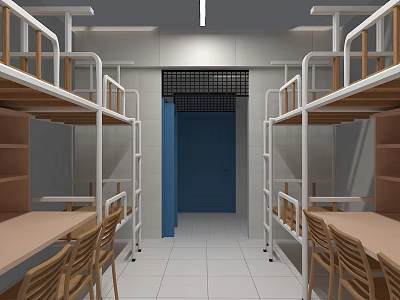 Spacious Dormitory Room With Bunk Beds Study Tables Chairs And Blue Door 3d model