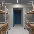 Spacious Dormitory Room With Bunk Beds Study Tables Chairs And Blue Door