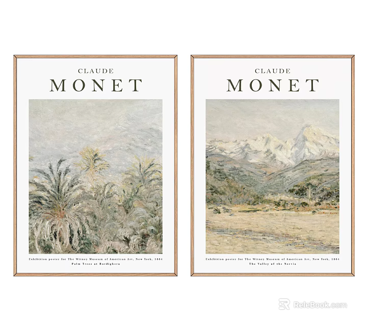 Two Framed Claude Monet Paintings With Botanical And Mountain Landscapes 3d model 