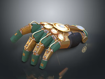 Character's Steampunk Mechanical Hand With Gold Accents Green Components And Gears 3d model