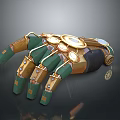 Character's Steampunk Mechanical Hand With Gold Accents Green Components And Gears