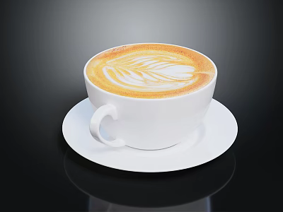 White Coffee Cup With Latte Art On White Saucer Against Dark Background 3d model