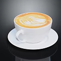 White Coffee Cup With Latte Art On White Saucer Against Dark Background