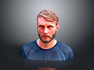Man With Brown Hair And Beard In Dark Blue T-Shirt Portrait On Gray Background 3d model