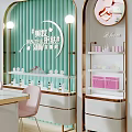 Modern Public Office Space With White Desk Pink Chairs And Display Shelves