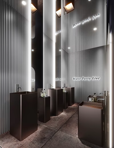 Modern Public Toilet Interior With Corrugated Metal Walls And Dark Basins 3d model