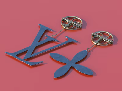 Blue Logo Gold Earrings And Four Petal Flower Jewelry Ornament Combination On Red Background 3d model