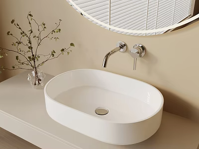 White Oval Bathroom Sink With Wall Mounted Faucet Transparent Vase And Round Mirror 3d model